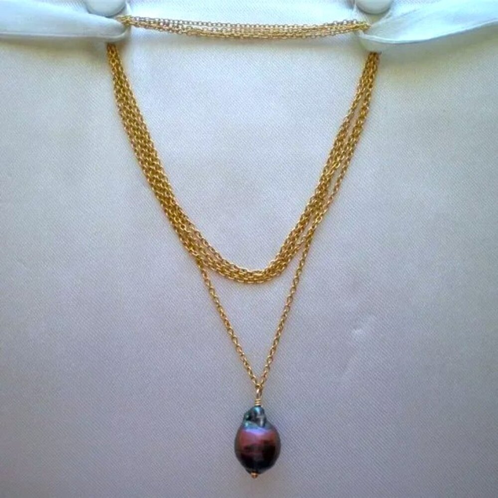 Samira 13 18K Gold Tahitian Black Baroque Pearl Pendant Necklace Chain $1310 - Picture 5 of 9